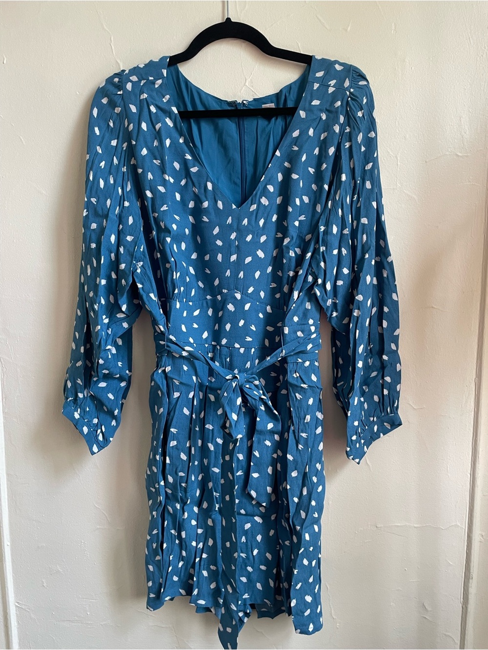 LOFT Teal Blue Printed V-Neck Tie-Waist Romper
